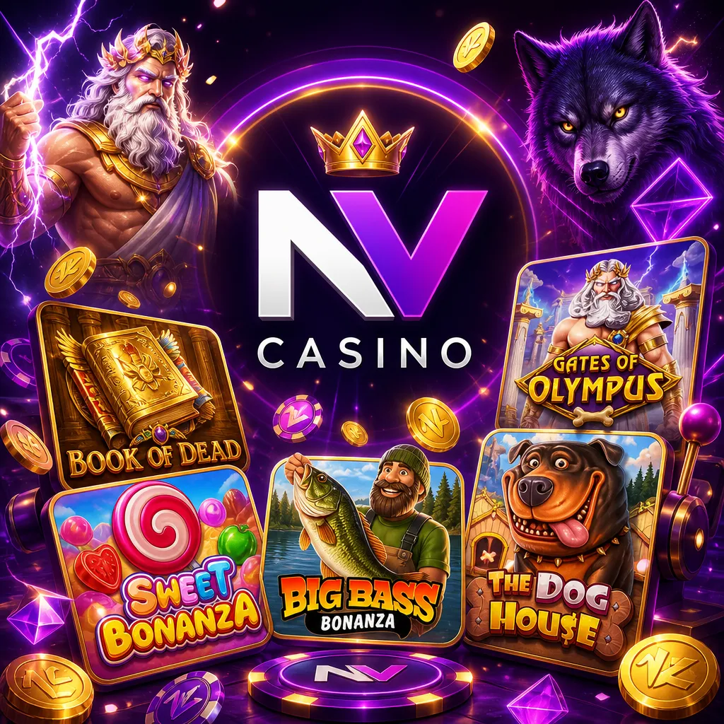Square promo image for NV Casino featuring original brand logo, purple neon elements, and modern gaming atmosphere.